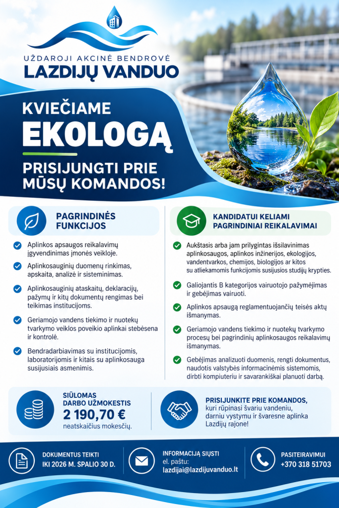 CV laukiame el.paštu lazdijai@lazdijuvanduo.lt